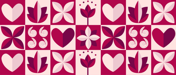 Happy Valentine's Day. Mosaic geometric pattern in Scandinavian style. Seamless vector.