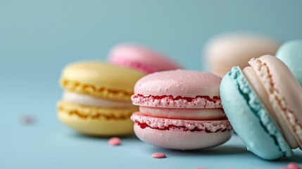 Fototapeta premium Colourful macarons sweet dessert on pastel background with free place for text. French cuisine, macaroon bakery concept