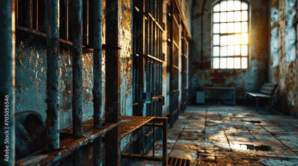 Aufkleber an old jail cell block with a chair in the foreground. suitable for crime and punishment concepts