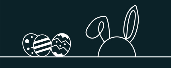 One line drawing of Easter bunny and eggs. Minimalist single lines illustration. 