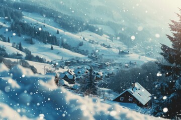 A picturesque snow covered mountain with a small village in the distance. Perfect for winter landscapes and nature scenes