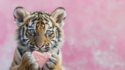 Cute tiger cub holding a heart-shaped cookie in his paws. Pink background. Copy space.