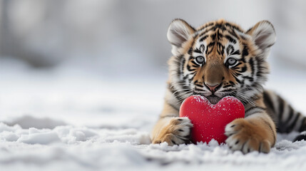 A cute tiger lying on a snow and holding a heart in its paws. Copy space. - obrazy, fototapety, plakaty