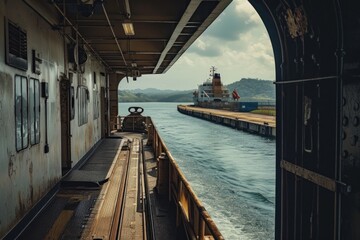 Obraz premium A view of a ship as seen from a bridge. This image can be used to depict transportation, travel, or maritime themes