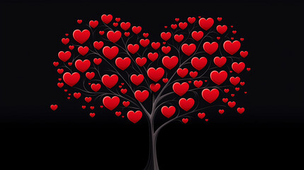 A tree with many red hearts on it. Black background.
