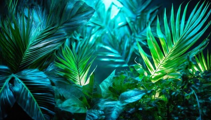 Glowing Jungle: Tropical Foliage Enhanced by Green and Blue Neon