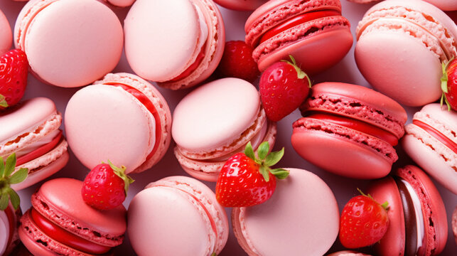 Macarons on the table. Delicious french desserts. Macaroons with strawberry and delicious cream. Generative AI