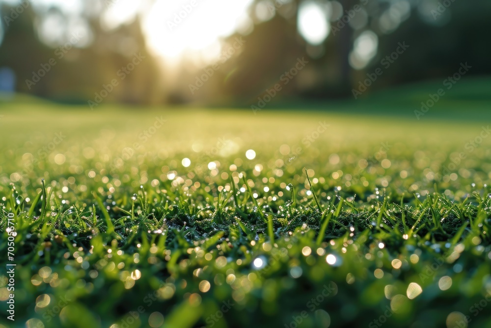 Poster a close-up view of a field of grass with glistening water droplets. perfect for nature and environme