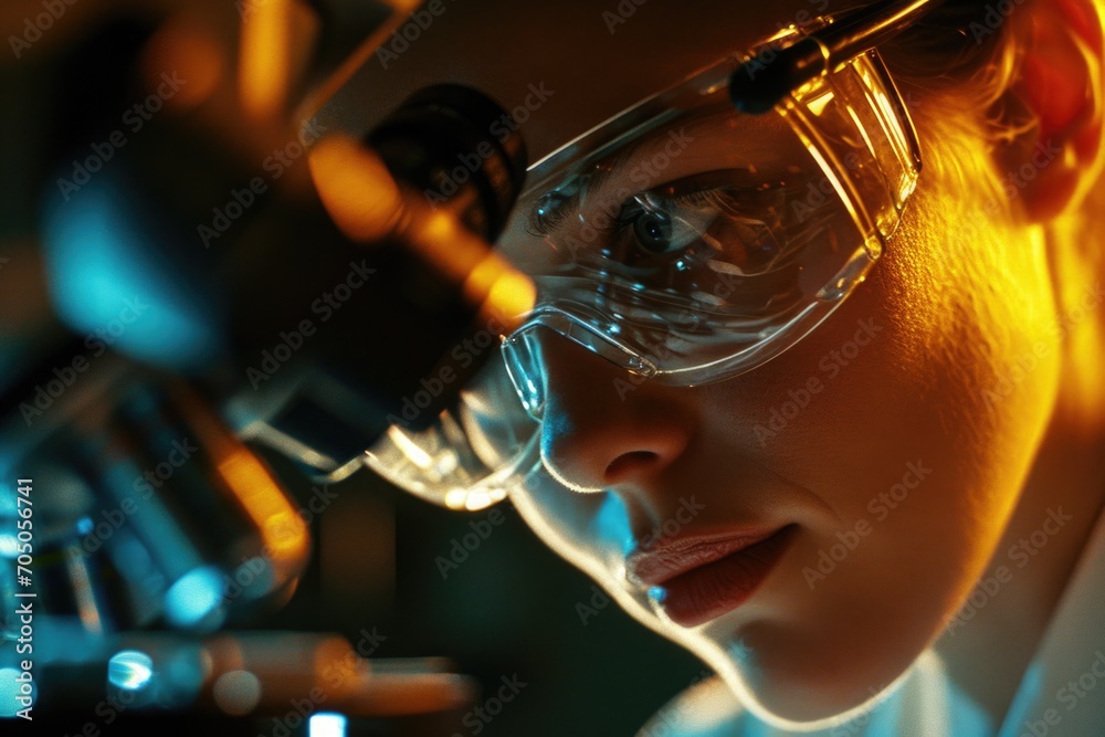 Poster A close-up view of a person wearing a lab coat and goggles. This image can be used to depict scientific research, laboratory experiments, or safety precautions in a laboratory setting