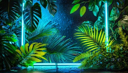 Fototapeta na wymiar Luminous Oasis: Tropical Leaves Bathed in Green and Blue Neon Light