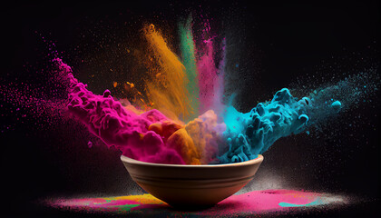 Illustration of bowl with holi dust splashing on isolated black background, Ai generated image - obrazy, fototapety, plakaty