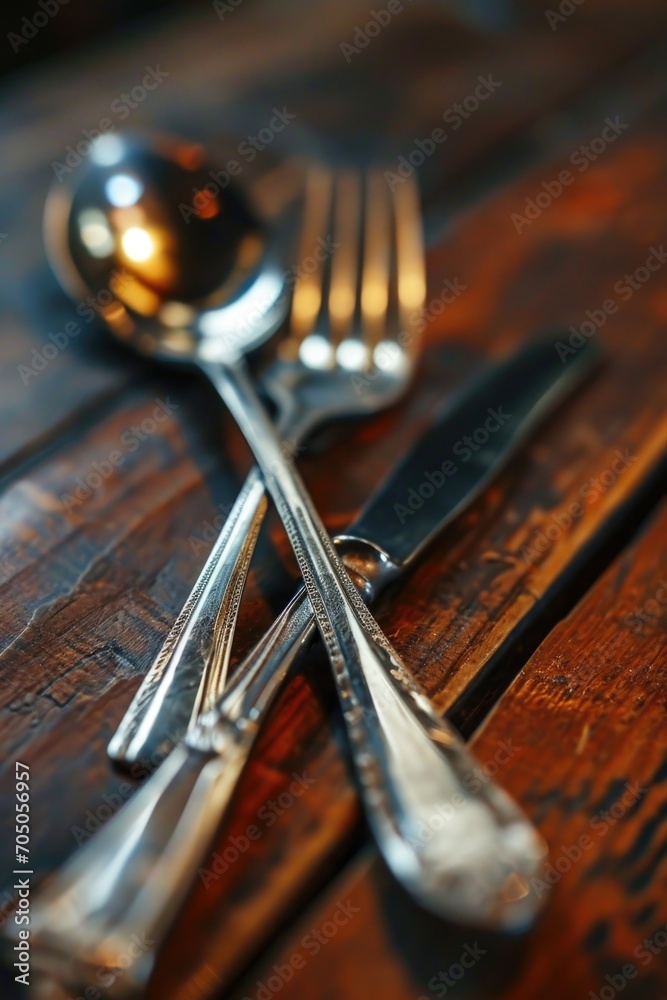Fototapete A table adorned with elegant silverware and silver spoons. Perfect for showcasing a sophisticated dining experience or adding a touch of class to food-related designs