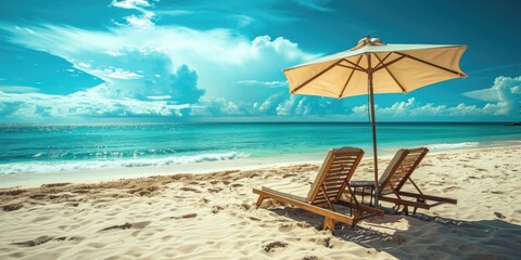Two lounge chairs under an umbrella on a beach. Perfect for vacation and relaxation
