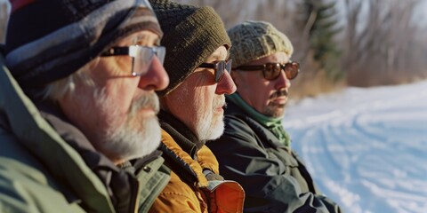 Obraz premium A group of men sitting together in the snow. Perfect for winter activities or friendship themes