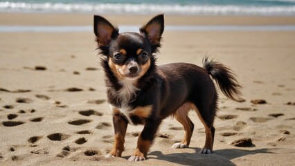 Chocolate long coat chihuahua dog playing on the beach