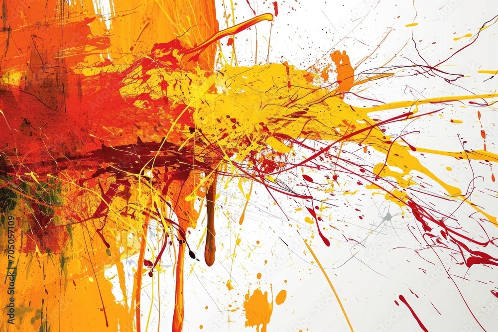 Poster Colorful abstract painting with splatters of orange and yellow paint. Can be used to add a vibrant touch to various design projects