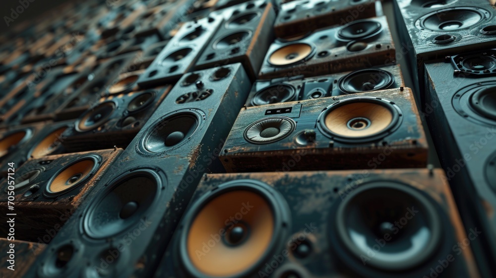 Poster a bunch of speakers stacked on top of each other. perfect for music events or audio-related projects