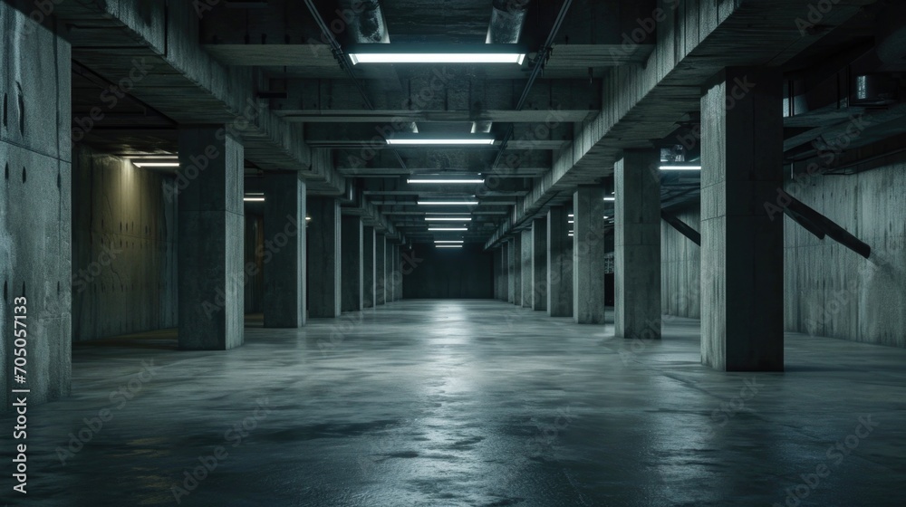 Poster an image of a dark room with concrete walls and beams. this versatile picture can be used to depict 