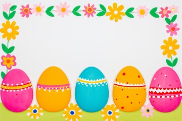 Fototapeta na wymiar Easter frame or border with colorful eggs and flowers