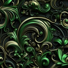 Tactile canvas in 3D style with ivy in shades of green and black. Seamless floral background. Generative AI