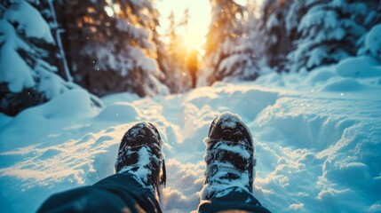 Person Sitting in Snow With Feet in Snow - obrazy, fototapety, plakaty