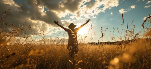 Woman with open arms enjoying sunset in countryside. Freedom and nature connection. - obrazy, fototapety, plakaty