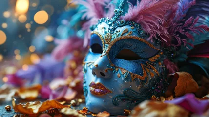 Gordijnen Blue Venetian carnival mask on bokeh background. © engkiang