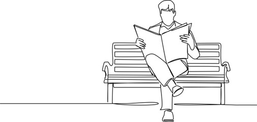 continuous single line drawing of man on bench reading a newspaper, line art vector illustration