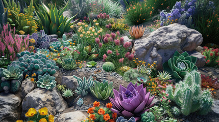 a garden with many succulents and rocks