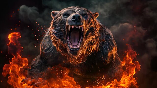 A fictional raging bear, burning and standing in fire on dark background - bear market stock market theme