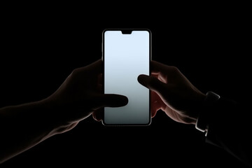 two hands holding a phone on a black background with a white screen. Generative Ai