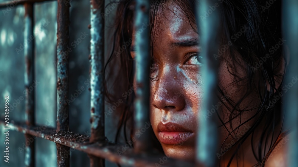 Poster a close-up view of a person behind bars. this image can be used to depict imprisonment, confinement,
