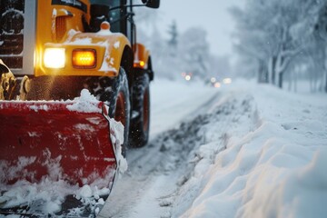 A snow plow driving down a snow covered road. Ideal for winter road maintenance and snow removal projects