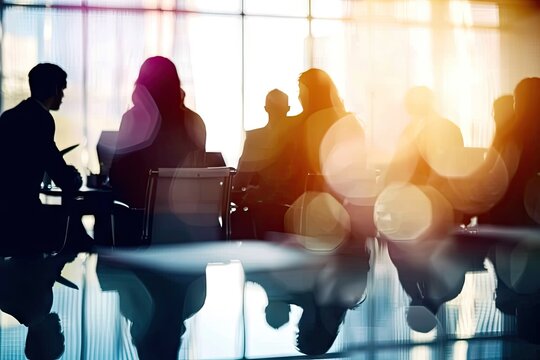 Corporate confluence. Dynamic business meeting in modern office setting diverse group of professionals engages in silhouette discussions reflecting essence of teamwork and cooperation