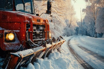 A snow plow parked on a snowy road. Can be used for winter road maintenance or snow removal concepts