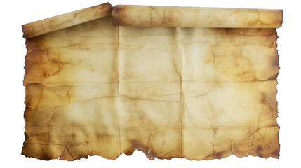 An aged, wrinkled piece of paper with torn edges on a transparent background.