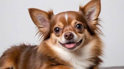 Obraz premium Portrait of Chocolate long coat chihuahua dog on grey background