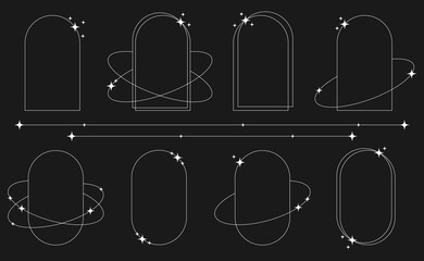 Set of white geometric aesthetic abstract line frames and shapes with stars boho, brutalism, Y2K style. Geometric elements with sparkles for template design social media, poster, banner, logo, sticker