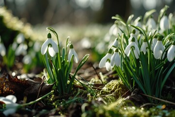 Snowdrops blooming in the grass. Suitable for springtime, nature, or gardening themes