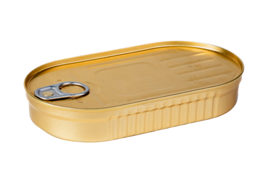 Tin can with conserved sprat fish isolated on the white background