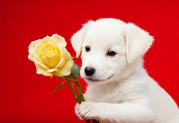 golden retriever puppy holding a sprig of rose