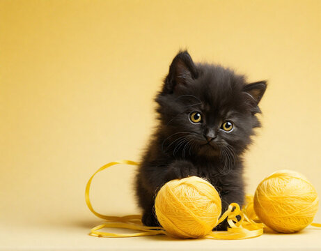Adorable black kitten playing with yarn ball isolated on yellow solid background 