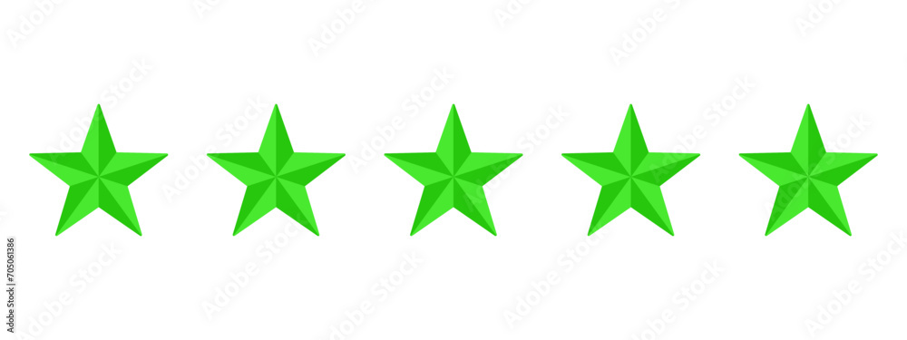 Poster five green stars for rating or reviewing in applications or websites – simple green 3d stars isolate