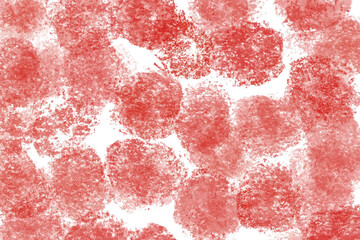 Blood splatter painted art on white background. Realistic blood splatters. Red watercolor stain with wash. Abstract design of red dust cloud. Particles explosion screen saver, wallpaper