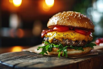 A delicious cheeseburger with fresh lettuce and juicy tomato served on a rustic wooden board. Perfect for food blogs, restaurant menus, and advertisements - obrazy, fototapety, plakaty