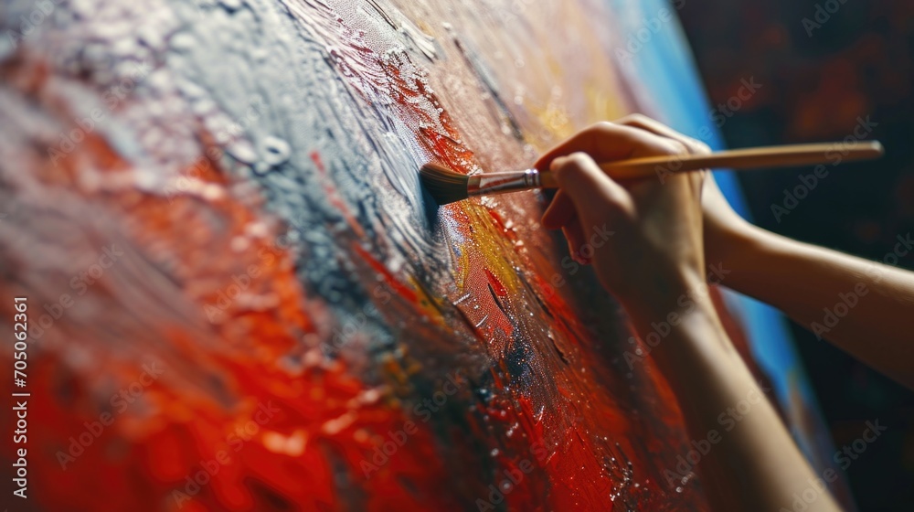 Aufkleber A detailed shot of an individual painting on a canvas. This image can be used to showcase the artistic process or as a representation of creativity and self-expression