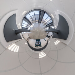 abstractly twisted into a spherical 360 panorama interior of a modern office with a hall staircase and panoramic windows