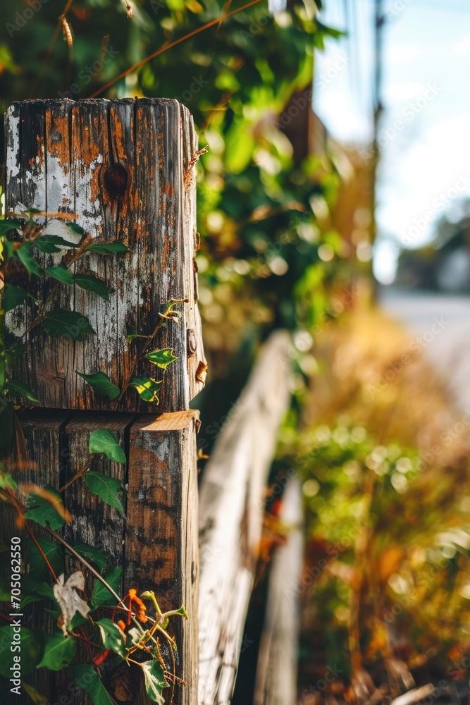 Poster a picture of a wooden fence covered in lush vines. perfect for adding a natural touch to any design 