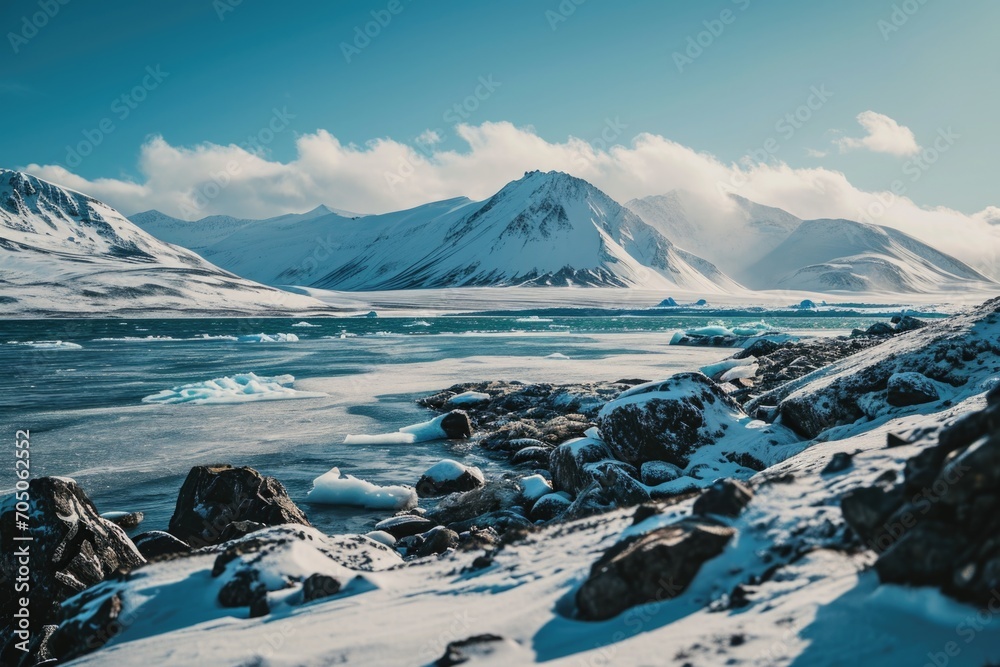 Poster a picturesque view of a mountain range with a serene body of water in the foreground. perfect for tr