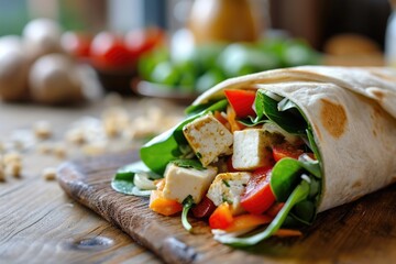 A delicious tortilla made with tofu and fresh vegetables, ready to be enjoyed. Perfect for a healthy and satisfying meal. Ideal for recipes, cooking blogs, and vegetarian or vegan lifestyle content - obrazy, fototapety, plakaty